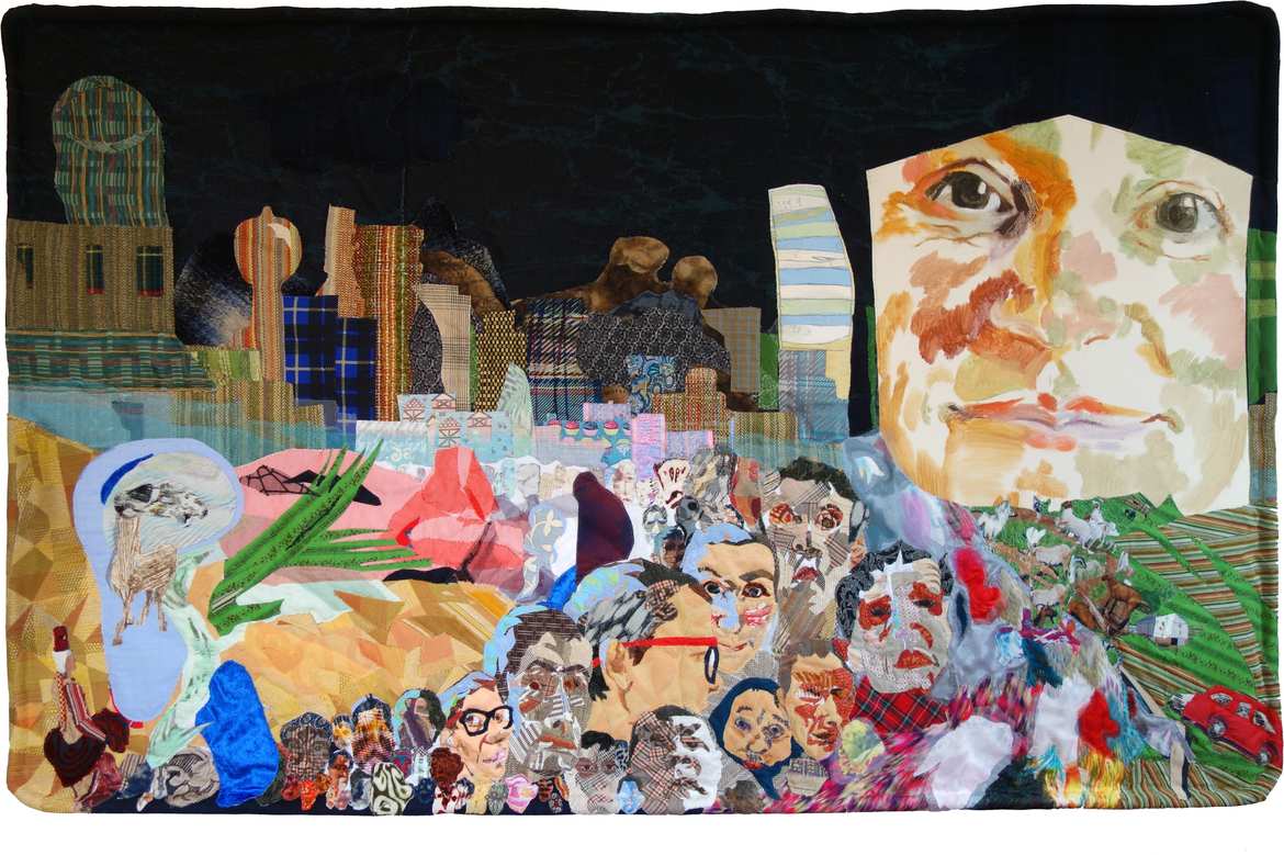 Mantenere lo stato © Lilly Hagg, 170 x 110 cm, genähte Stoffcollage, Eitempera auf Leinwand (aus der Serie der Matratzenbilder"), 2008-2019